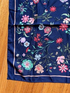 Koton Navy Floral Silk Like Scarf with Pink & Teal Flowers